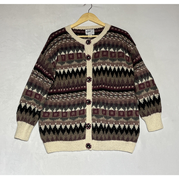 Handknit Alpaca Wool Cardigan Sweater Womens M Purple Fair Isle Chunky Cozy Soft - Picture 1 of 13
